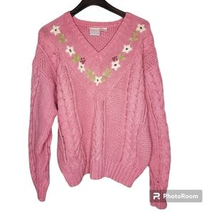 Vintage cable knit Vneck Sweater Pink Floral Embroidery Cottagecore Dolly Kei Lg